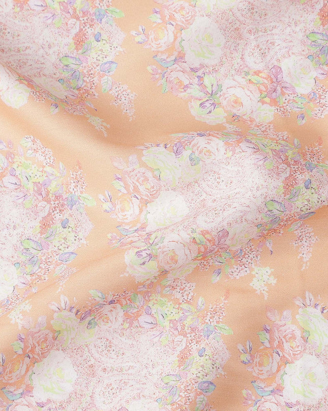 Peach Base with White and Pastel Floral Print Pure Cotton Satin Fabric, 140 Cms Width, Made in India-D26023