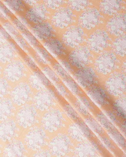 Peach Base with White and Pastel Floral Print Pure Cotton Satin Fabric, 140 Cms Width, Made in India-D26023