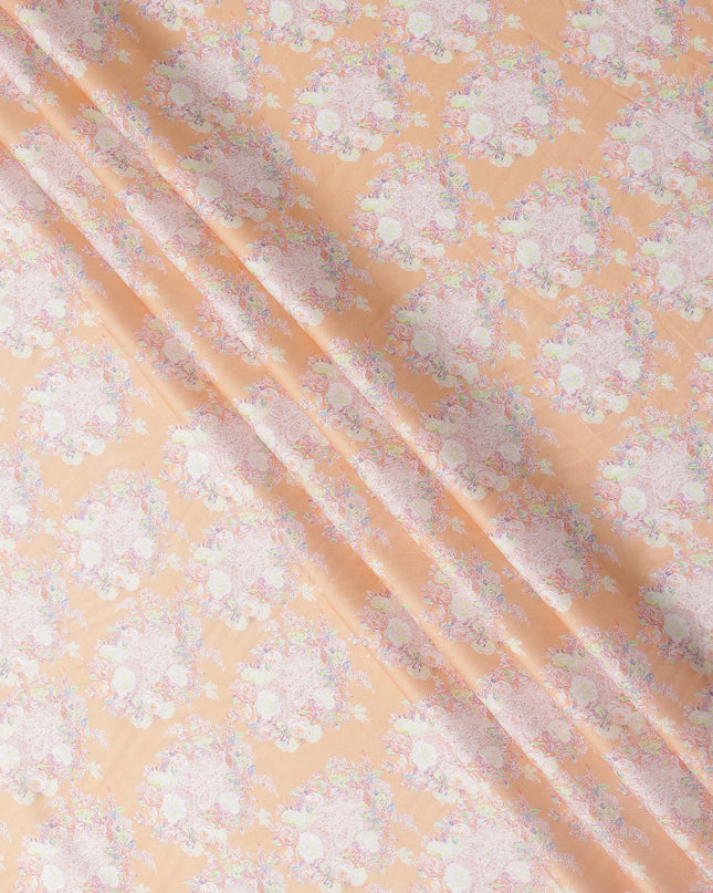 Peach Base with White and Pastel Floral Print Pure Cotton Satin Fabric, 140 Cms Width, Made in India-D26023