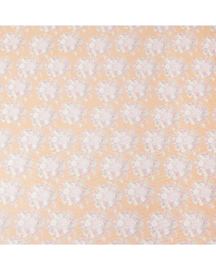 Peach Base with White and Pastel Floral Print Pure Cotton Satin Fabric, 140 Cms Width, Made in India-D26023