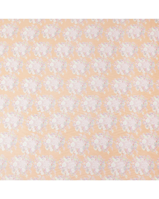 Peach Base with White and Pastel Floral Print Pure Cotton Satin Fabric, 140 Cms Width, Made in India-D26023
