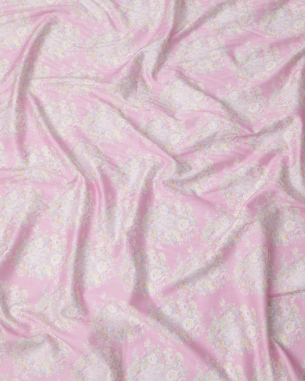 Pink Base with Pastel Floral Print Pure Cotton Satin Fabric, 140 Cms Width, Made in India-D26022