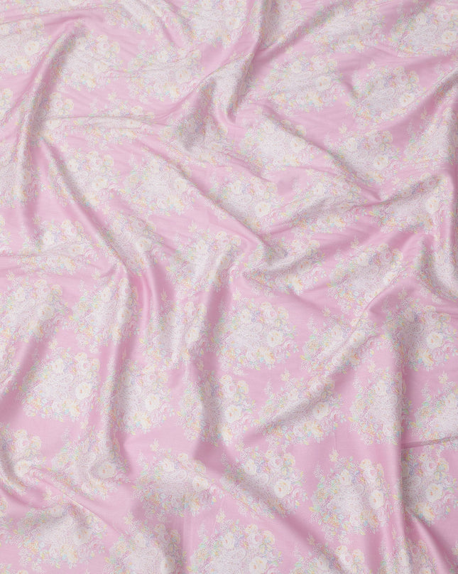 Pink Base with Pastel Floral Print Pure Cotton Satin Fabric, 140 Cms Width, Made in India-D26022