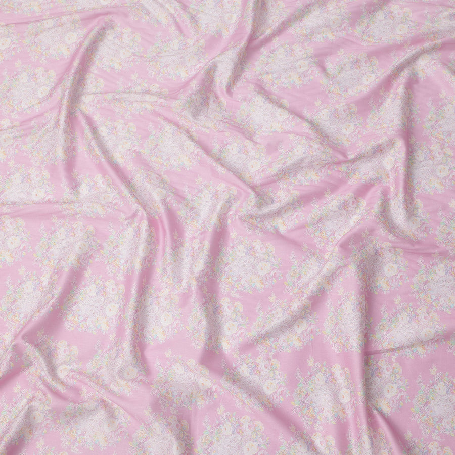 Pink Base with Pastel Floral Print Pure Cotton Satin Fabric, 140 Cms Width, Made in India-D26022