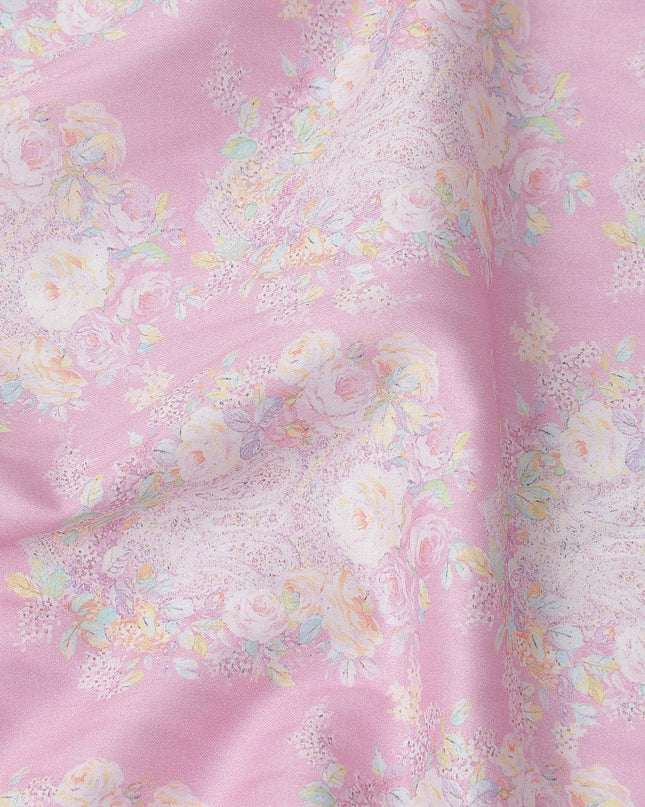 Pink Base with Pastel Floral Print Pure Cotton Satin Fabric, 140 Cms Width, Made in India-D26022