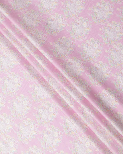 Pink Base with Pastel Floral Print Pure Cotton Satin Fabric, 140 Cms Width, Made in India-D26022