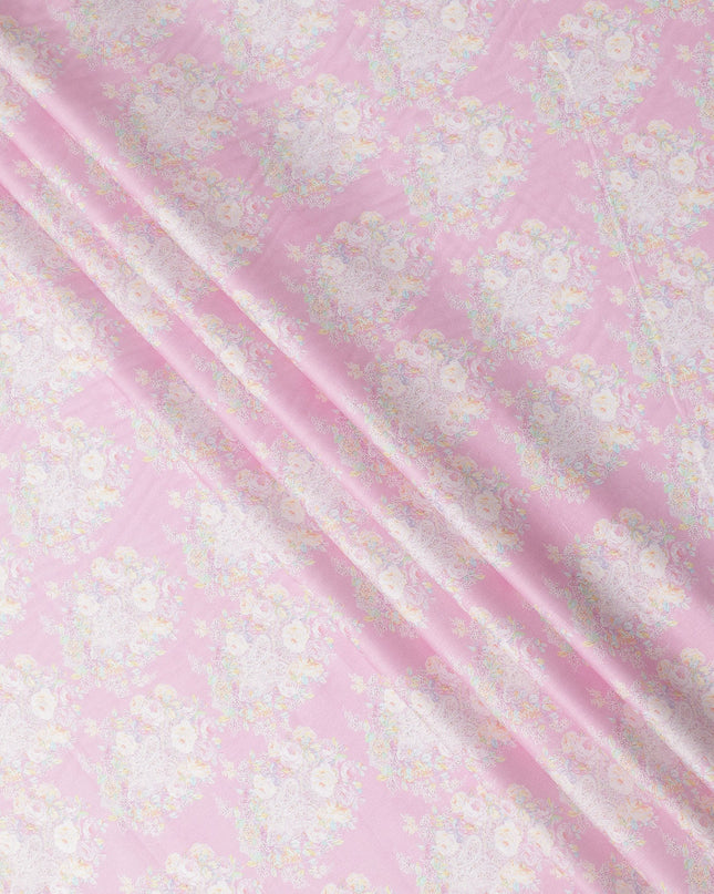 Pink Base with Pastel Floral Print Pure Cotton Satin Fabric, 140 Cms Width, Made in India-D26022
