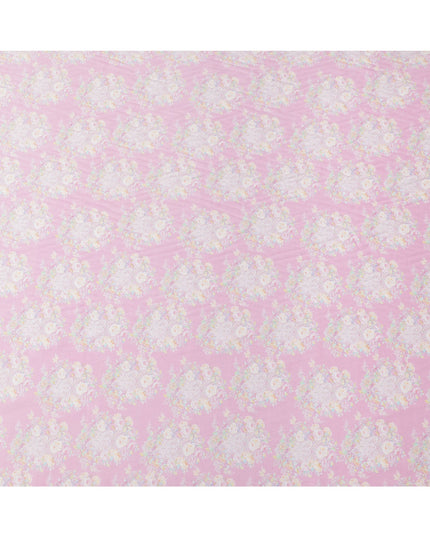 Pink Base with Pastel Floral Print Pure Cotton Satin Fabric, 140 Cms Width, Made in India-D26022
