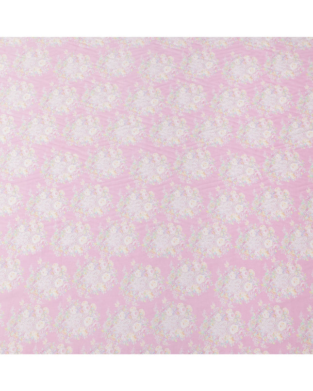 Pink Base with Pastel Floral Print Pure Cotton Satin Fabric, 140 Cms Width, Made in India-D26022