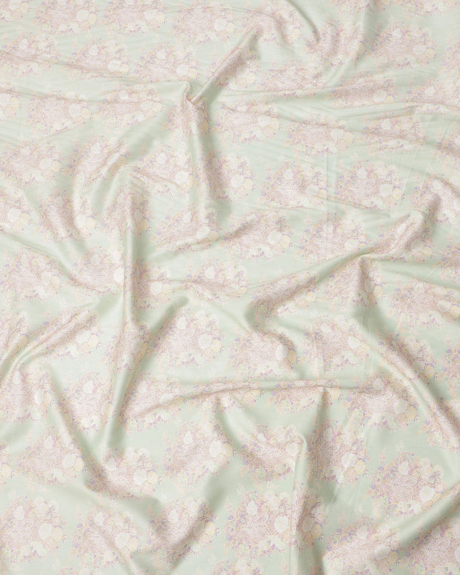 Mint Green Base with White and Pastel Floral Print Pure Cotton Satin Fabric, 140 Cms Width, Made in India-D26024