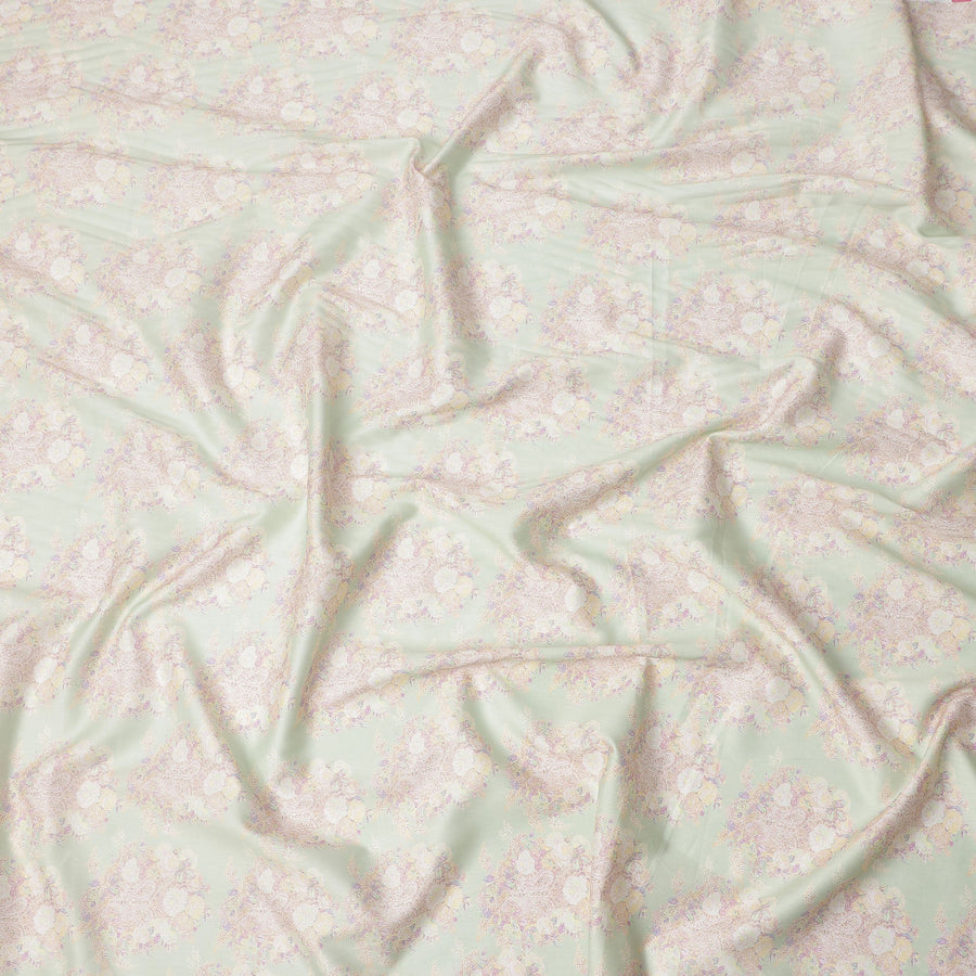 Mint Green Base with White and Pastel Floral Print Pure Cotton Satin Fabric, 140 Cms Width, Made in India-D26024