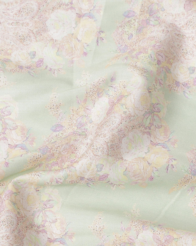 Mint Green Base with White and Pastel Floral Print Pure Cotton Satin Fabric, 140 Cms Width, Made in India-D26024
