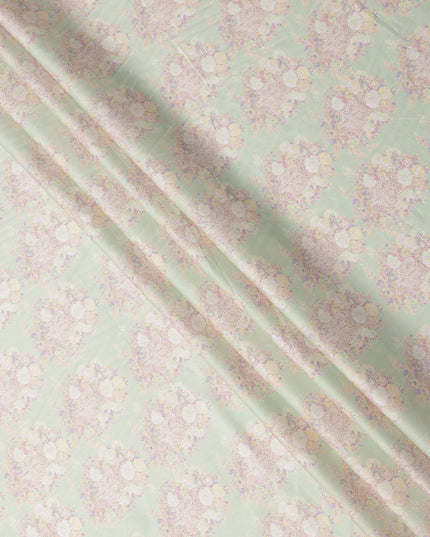 Mint Green Base with White and Pastel Floral Print Pure Cotton Satin Fabric, 140 Cms Width, Made in India-D26024