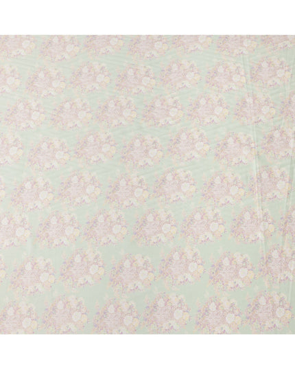 Mint Green Base with White and Pastel Floral Print Pure Cotton Satin Fabric, 140 Cms Width, Made in India-D26024