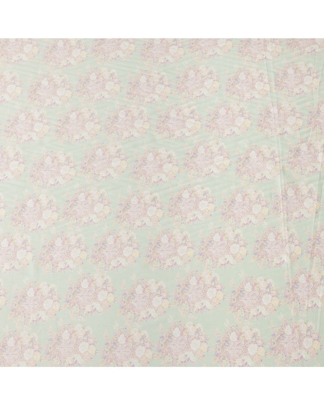 Mint Green Base with White and Pastel Floral Print Pure Cotton Satin Fabric, 140 Cms Width, Made in India-D26024