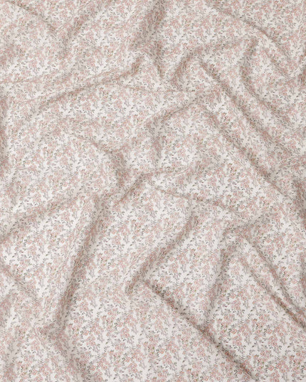 Cream Base with Peach Floral Print Pure Cotton Lawn Fabric, 140 Cms Width, Made in India-D26009
