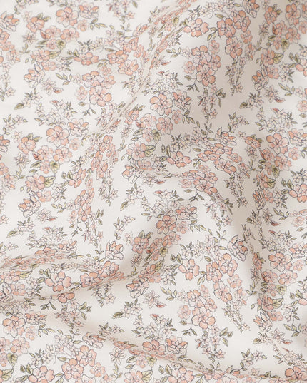 Cream Base with Peach Floral Print Pure Cotton Lawn Fabric, 140 Cms Width, Made in India-D26009