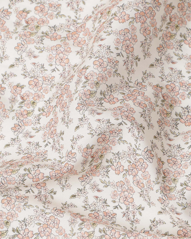 Cream Base with Peach Floral Print Pure Cotton Lawn Fabric, 140 Cms Width, Made in India-D26009