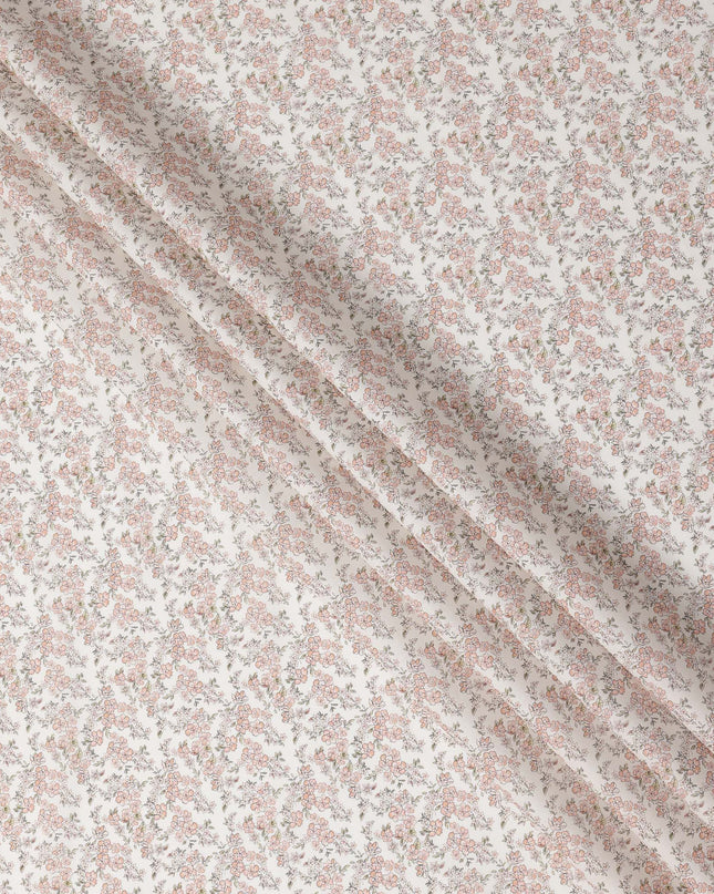 Cream Base with Peach Floral Print Pure Cotton Lawn Fabric, 140 Cms Width, Made in India-D26009