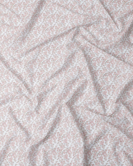 White Base with Pink Floral Print Pure Cotton Lawn Fabric, 140 Cms Width, Made in India-D26008