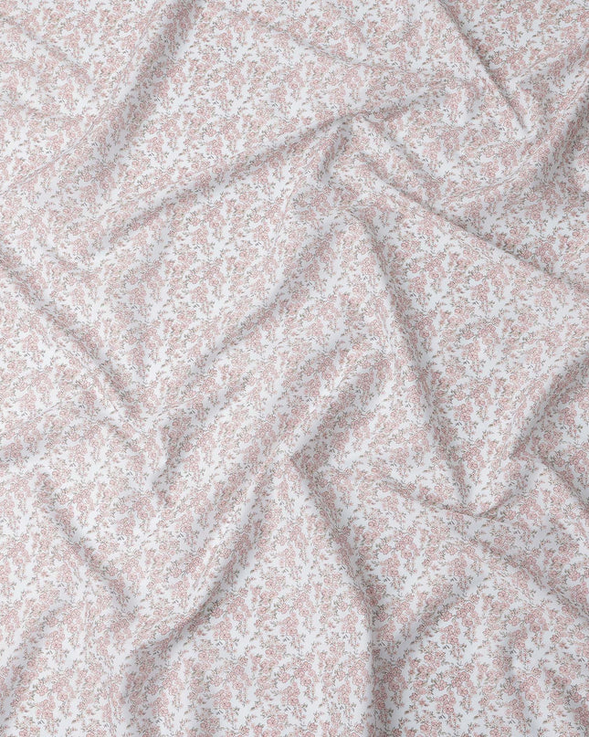 White Base with Pink Floral Print Pure Cotton Lawn Fabric, 140 Cms Width, Made in India-D26008