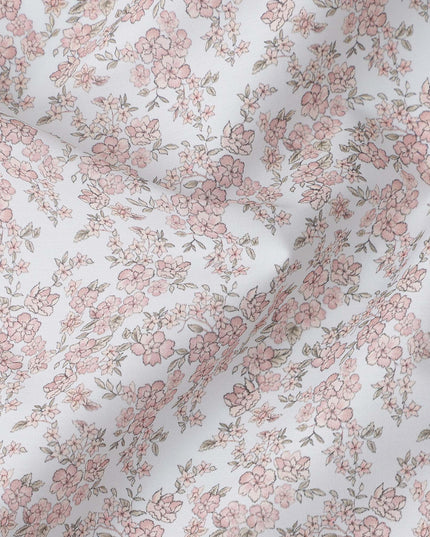 White Base with Pink Floral Print Pure Cotton Lawn Fabric, 140 Cms Width, Made in India-D26008