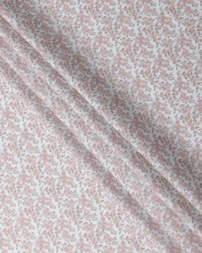 White Base with Pink Floral Print Pure Cotton Lawn Fabric, 140 Cms Width, Made in India-D26008