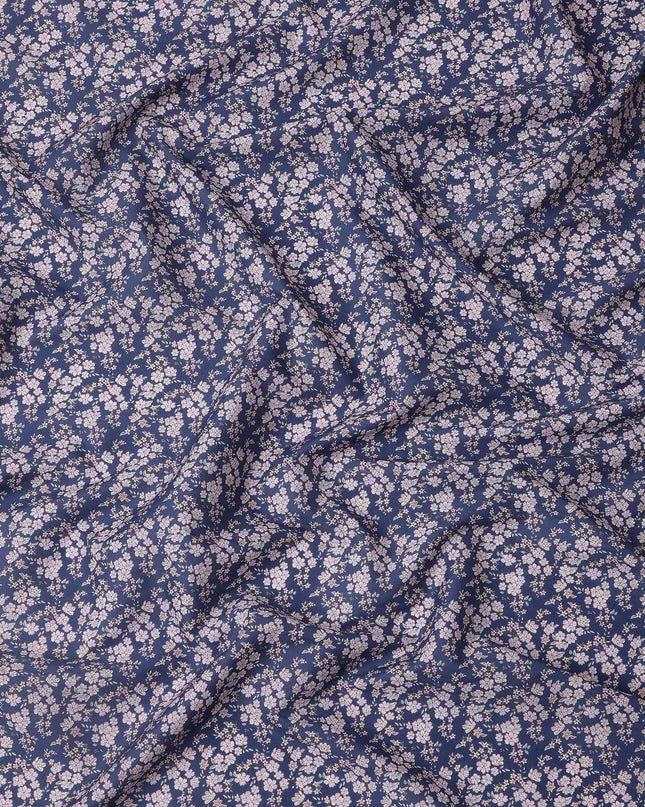 Navy Blue Base with White and Pink Floral Print Pure Cotton Lawn Fabric, 140 Cms Width, Made in India-D26011