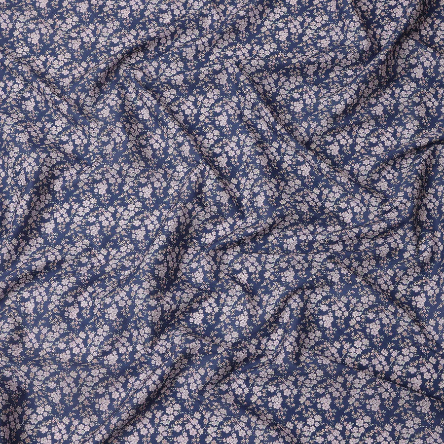 Navy Blue Base with White and Pink Floral Print Pure Cotton Lawn Fabric, 140 Cms Width, Made in India-D26011