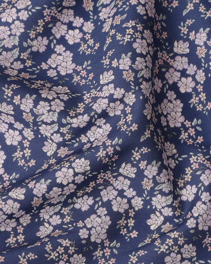 Navy Blue Base with White and Pink Floral Print Pure Cotton Lawn Fabric, 140 Cms Width, Made in India-D26011
