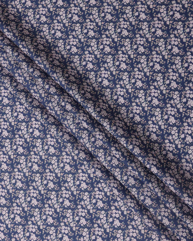 Navy Blue Base with White and Pink Floral Print Pure Cotton Lawn Fabric, 140 Cms Width, Made in India-D26011