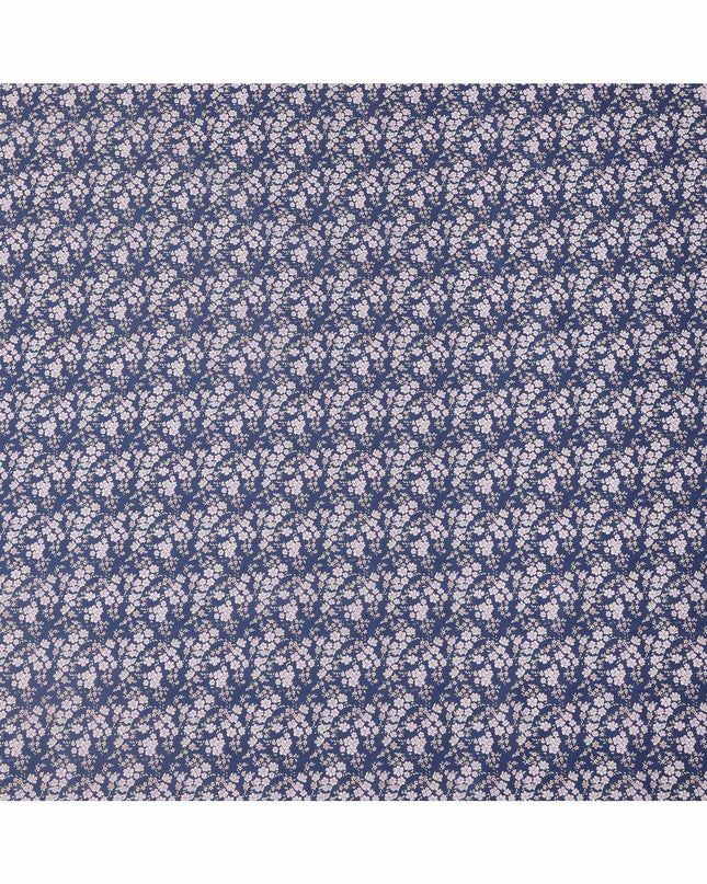 Navy Blue Base with White and Pink Floral Print Pure Cotton Lawn Fabric, 140 Cms Width, Made in India-D26011