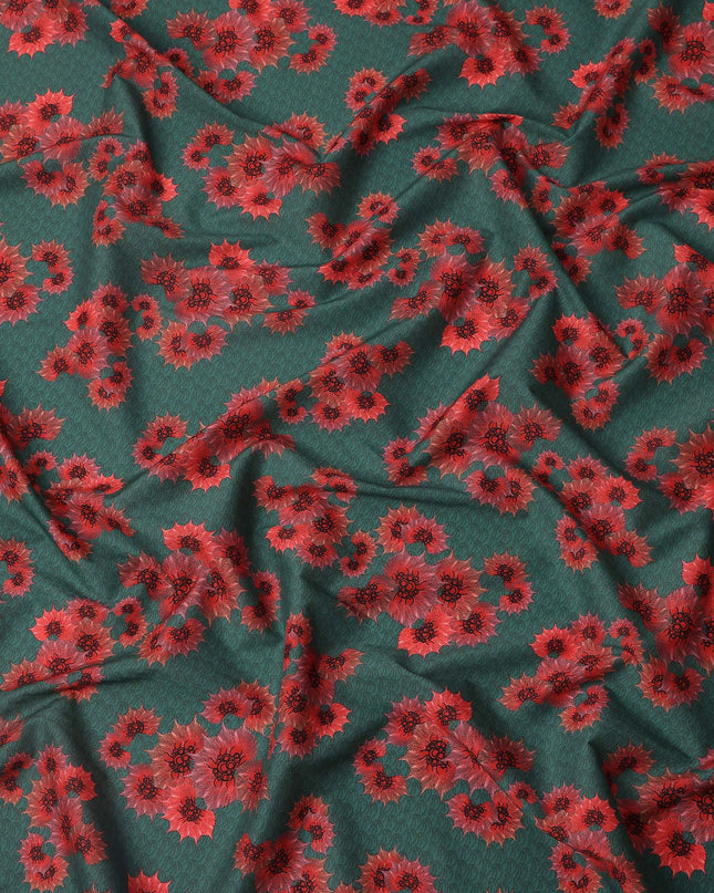 Green Base with Red Floral Print Pure Cotton Lawn Fabric, 140 Cms Width, Made in India-D26012