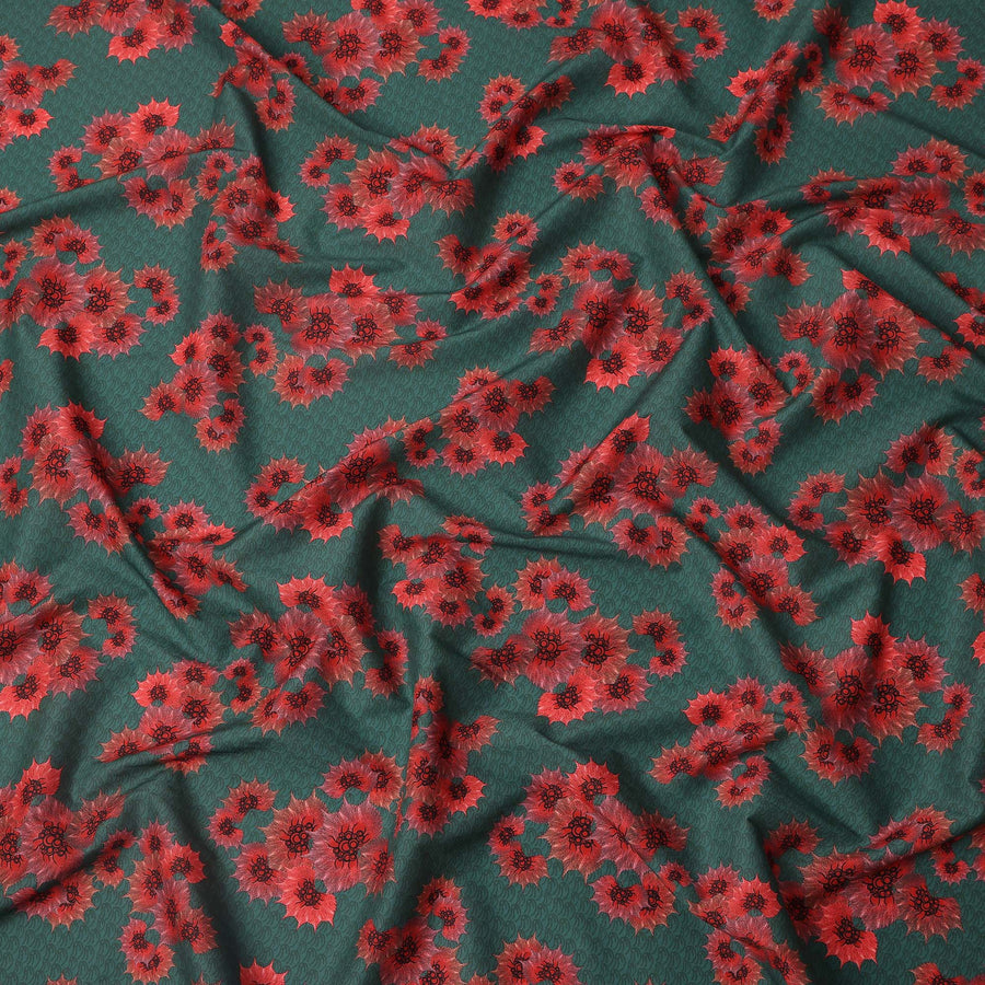 Green Base with Red Floral Print Pure Cotton Lawn Fabric, 140 Cms Width, Made in India-D26012