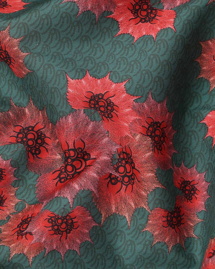 Green Base with Red Floral Print Pure Cotton Lawn Fabric, 140 Cms Width, Made in India-D26012