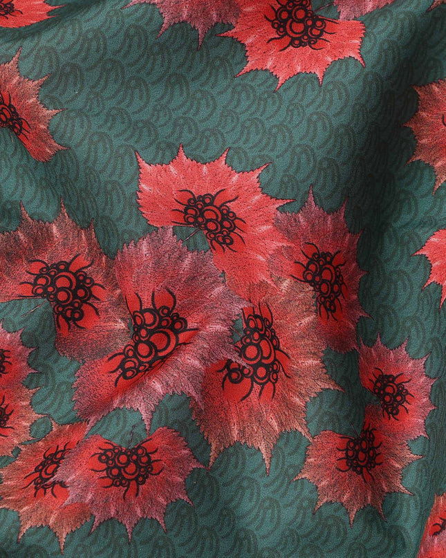 Green Base with Red Floral Print Pure Cotton Lawn Fabric, 140 Cms Width, Made in India-D26012
