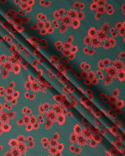 Green Base with Red Floral Print Pure Cotton Lawn Fabric, 140 Cms Width, Made in India-D26012