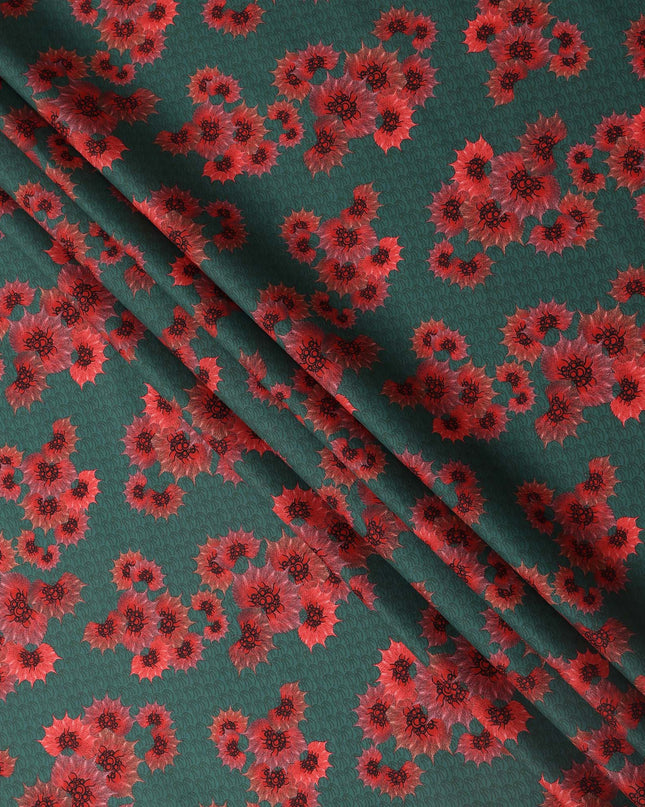Green Base with Red Floral Print Pure Cotton Lawn Fabric, 140 Cms Width, Made in India-D26012