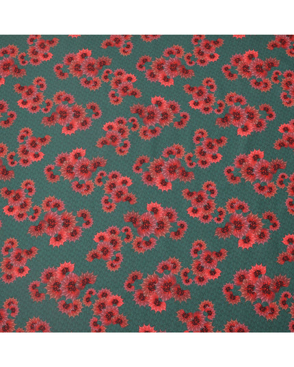 Green Base with Red Floral Print Pure Cotton Lawn Fabric, 140 Cms Width, Made in India-D26012