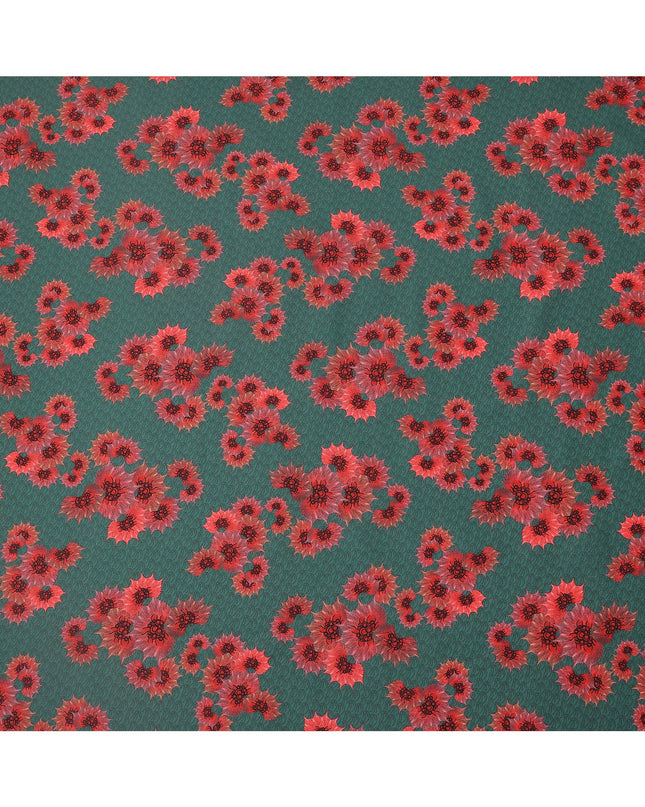 Green Base with Red Floral Print Pure Cotton Lawn Fabric, 140 Cms Width, Made in India-D26012