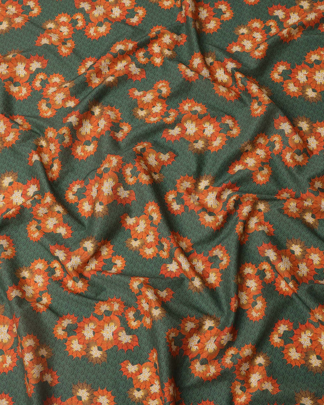Green Base with Orange and Yellow Floral Print Pure Cotton Lawn Fabric, 140 Cms Width, Made in India-D26013