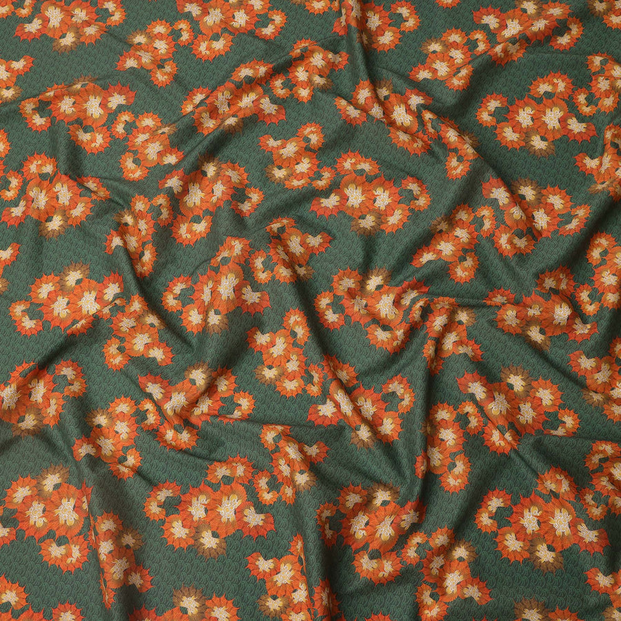 Green Base with Orange and Yellow Floral Print Pure Cotton Lawn Fabric, 140 Cms Width, Made in India-D26013