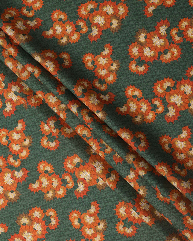 Green Base with Orange and Yellow Floral Print Pure Cotton Lawn Fabric, 140 Cms Width, Made in India-D26013