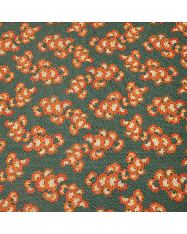 Green Base with Orange and Yellow Floral Print Pure Cotton Lawn Fabric, 140 Cms Width, Made in India-D26013