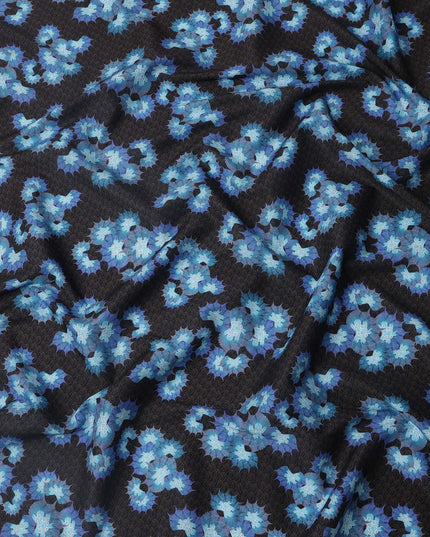 Black Base with Blue Floral Print Pure Cotton Lawn Fabric, 140 Cms Width, Made in India-D26010