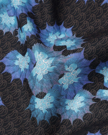 Black Base with Blue Floral Print Pure Cotton Lawn Fabric, 140 Cms Width, Made in India-D26010
