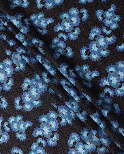 Black Base with Blue Floral Print Pure Cotton Lawn Fabric, 140 Cms Width, Made in India-D26010