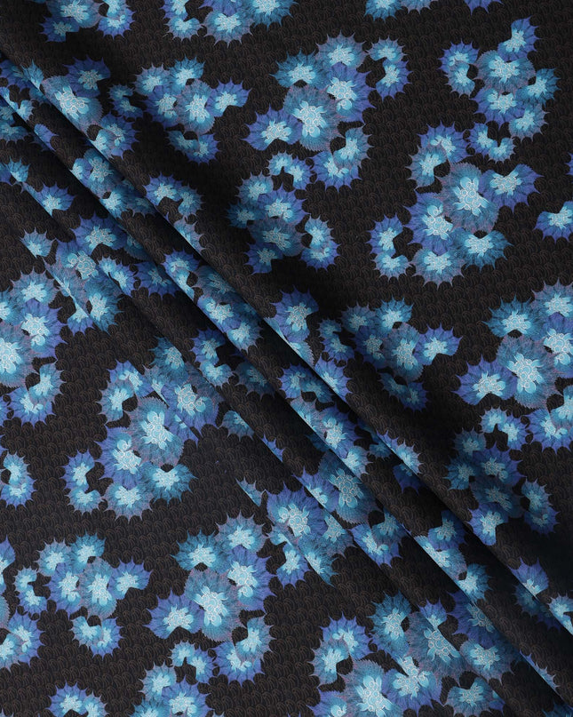 Black Base with Blue Floral Print Pure Cotton Lawn Fabric, 140 Cms Width, Made in India-D26010