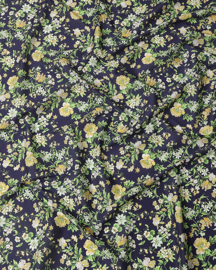 Navy Blue Base with Yellow and White Floral Print Pure Cotton Lawn Fabric, 140 Cms Width, Made in India-D26028