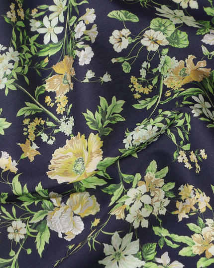 Navy Blue Base with Yellow and White Floral Print Pure Cotton Lawn Fabric, 140 Cms Width, Made in India-D26028